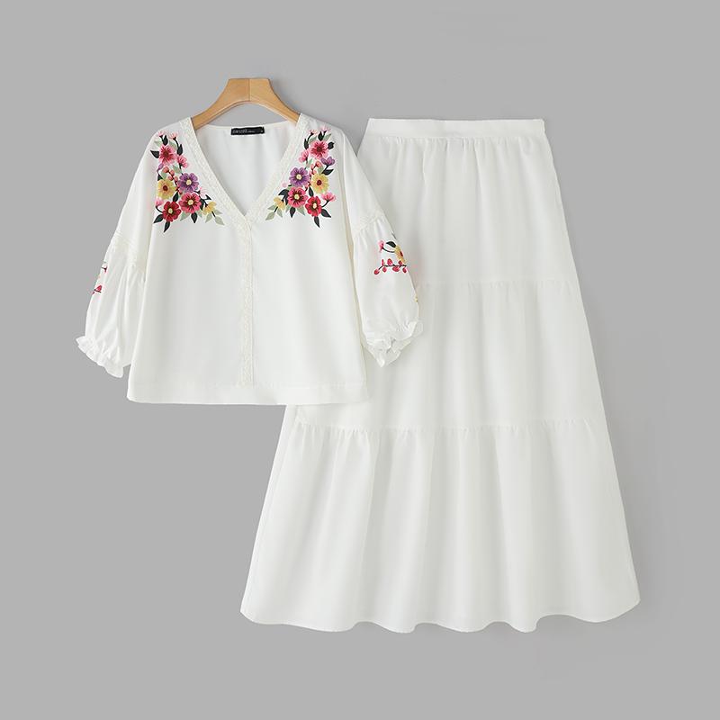 

ZANZEA Женская блузка с рукавом 3/4 с цветочным принтом и юбки, повседневные костюмы-двойки белый