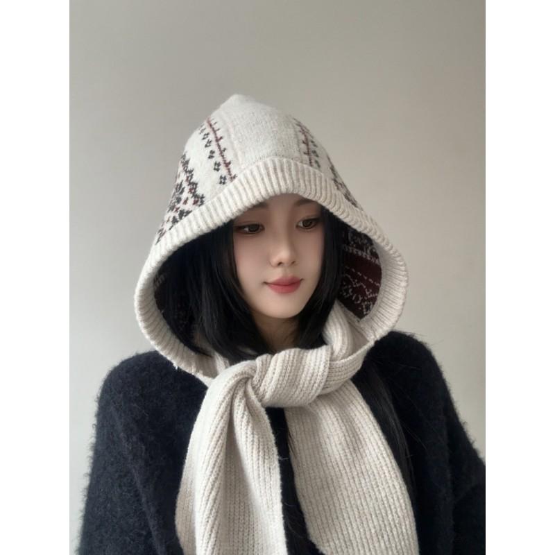Knitted Balaclava Beanie With Scarf Combo Women Men Winter Warm Windproof Hooded Hat In Neutral Styles