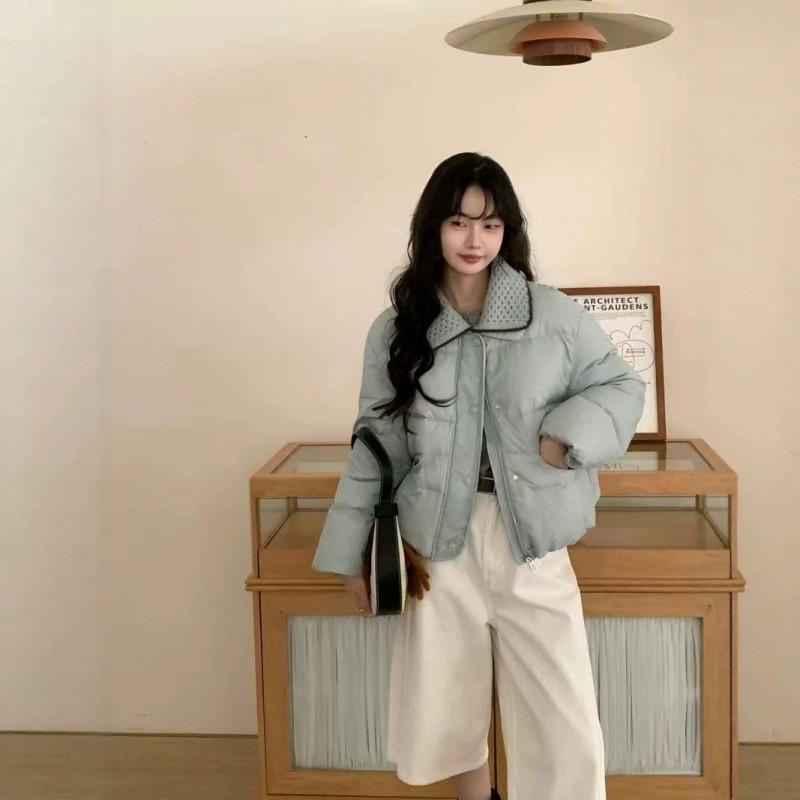 Womens Short Puffer Jacket With Knit Collar White Duck Down Winter Coat Petite Women