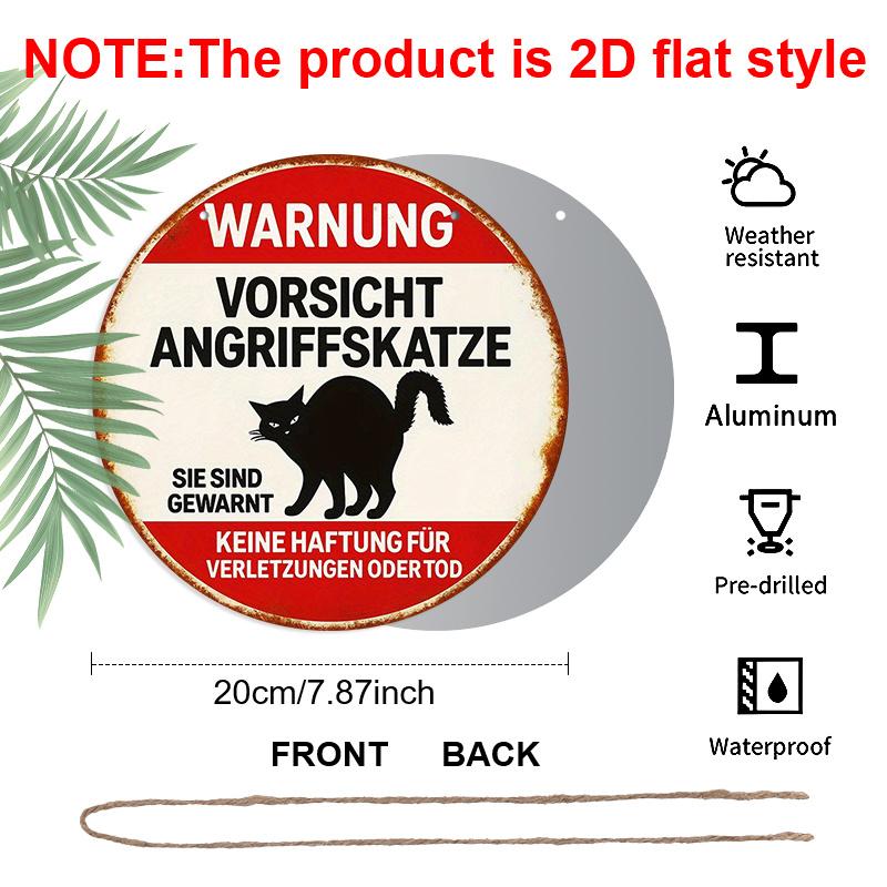 2D Flat, 1pc 7.87*7.87 Inch Round French Aluminum Sign, Retro Decorative Plaque about "Beware of Attacking Cat", "Cat Warning" Decorative Sign