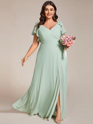 Ever-Pretty Plus Size Split Ruffles Sleeves with Bowknot V-neck Chiffon Bridesmaid Dress