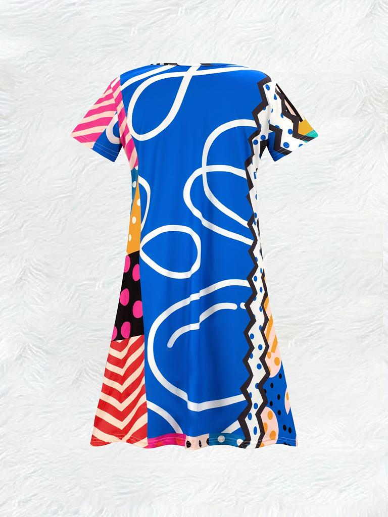 Casual V Neck Short Sleeve Dress for Women Abstract Irregular Print Summer Dress Flowy A Line Dress Trendy Everyday Outfit