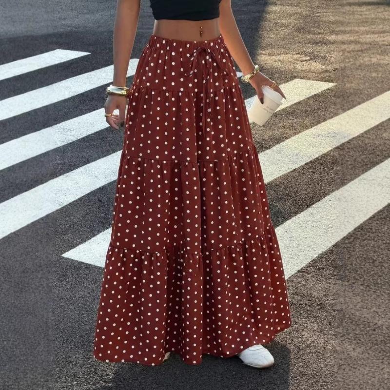 Qooth Polka Dot A-Line Maxi Skirt Ruffle Hem Tie-Waist Full Flare Skirt Vintage Summer Half Skirt for Women JM2609