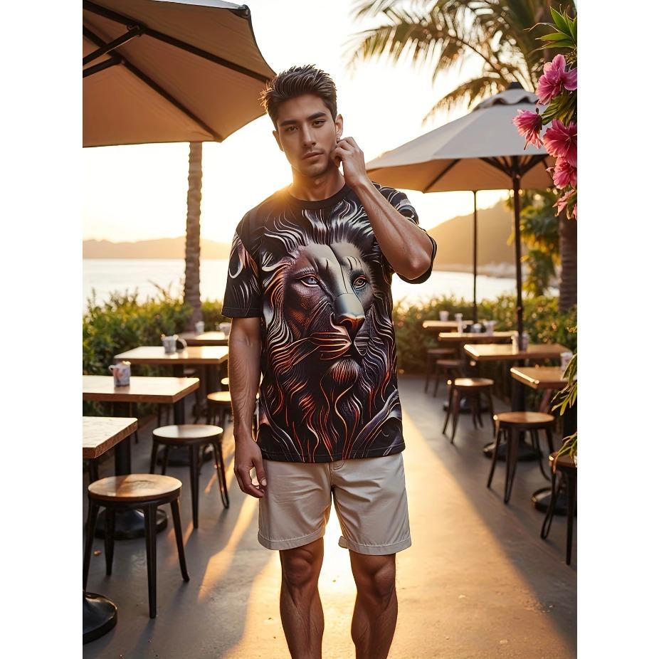 Men's Casual Short Sleeve T-Shirt - Animal Print Skull & Foliage Graphic Breathable Summer Tee Round Neck for Outdoor & Casual Wear, Summer