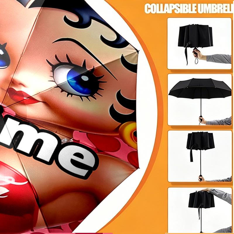 Custom Name Personalized Betty Boop Print Umbrella, Auto Open Close, 8‑Rib Sturdy Frame, Commute Camping Hiking Use, Birthday Gift