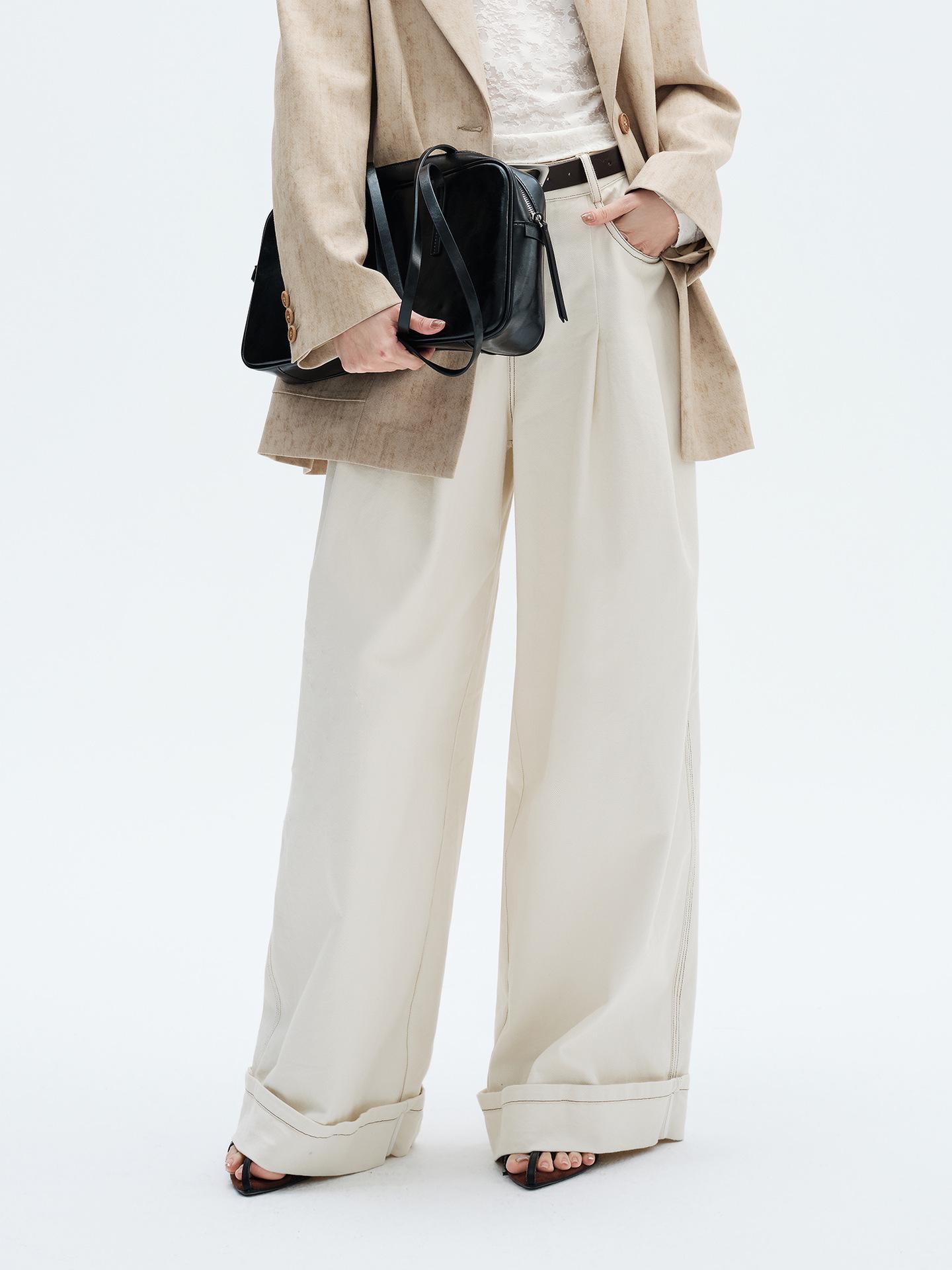 

Women s Slimming Color Block Loose Trousers - Spring 26, Hidden Flesh, Contrast Stitching, Waist Cinched, Leg Lengthening Small слонова кістка/мигдалевий