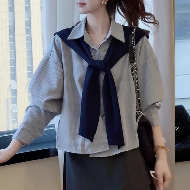 Korean Striped Shawl Long Sleeve Shirt Set for Women - 2025 Autumn Loose Slimming Age-Reducing Top