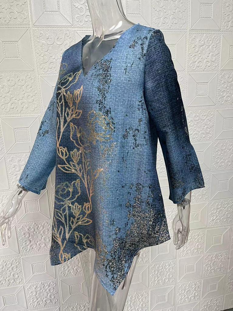 2024 Women's Plus Size Casual V-Neck Long Sleeve Printed Top
