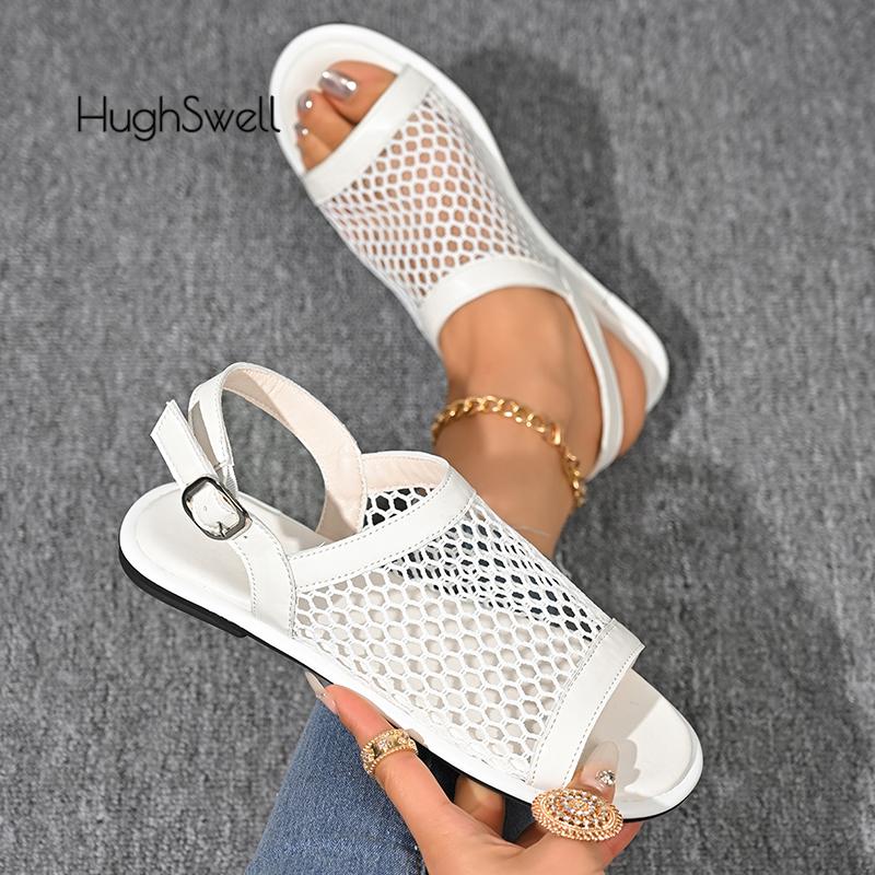 Mode Mode Fisknät Spänne Rem Sandaler Kvinna Märkesdesign Urskurna Mesh Platta Skor Damer Sommar Andningsbara Nät Mules Tofflor