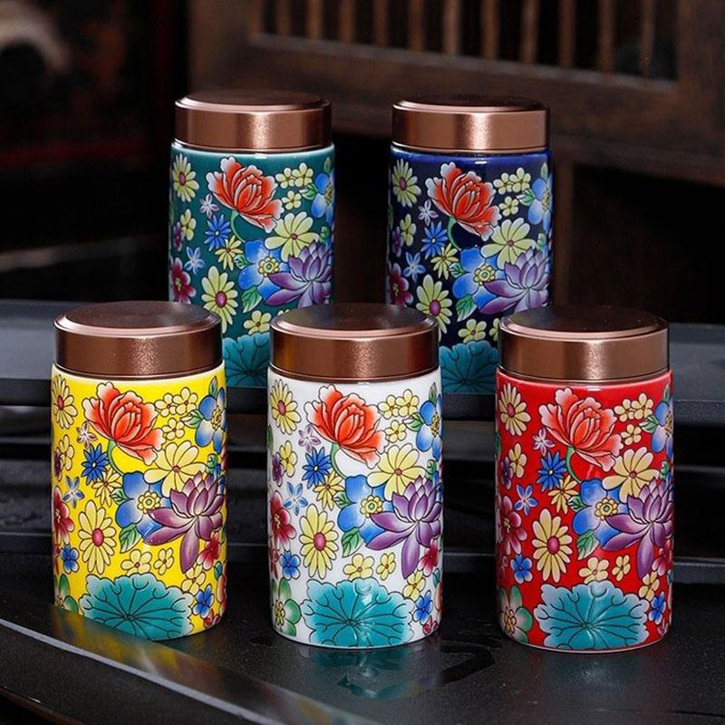 Chinese Ceramic Color Pattern Candy Jar Sealed Portable Tea Jar Household Multifunctional Jewelry Nut Powder Storage Bottle New