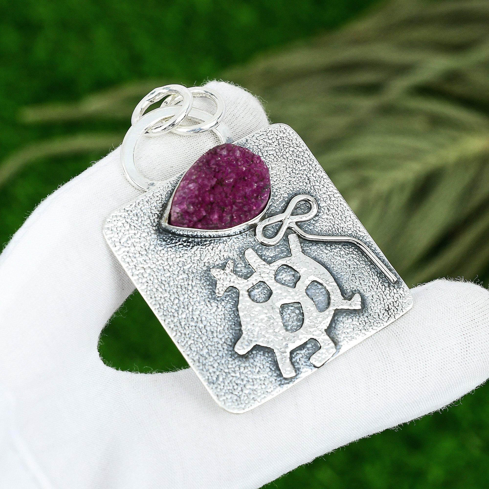 

925 Sterling Silver Pink Titanium Druzy Gemstone Unique Wife New Pendant Jewelry