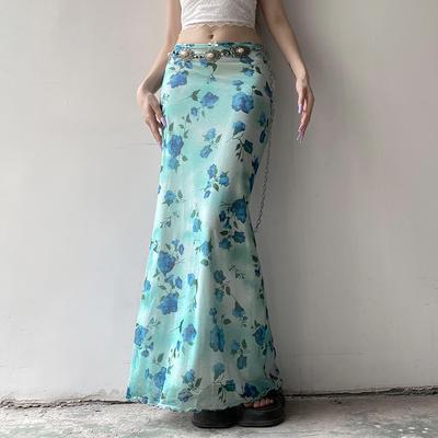 Jupe en maille imprimée pour femmes Été Nouveau Slim Nœud Jupe longue Taille basse Jupe hanches