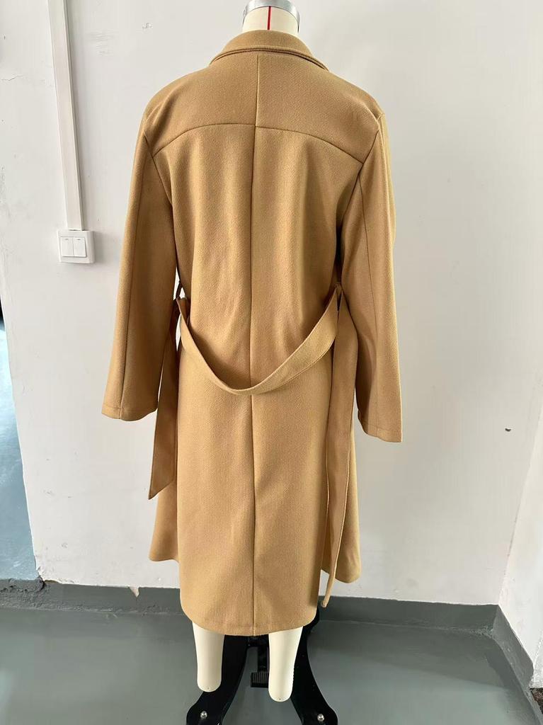 2025 Extra Long Double-Breasted Wool Coat with Tie – Solid Color Lapel for Spring and Autumn