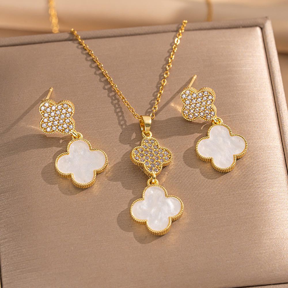 2PCS High-Quality Elegance Luxury Full Zircon Heavy Metal Plated Solid Gold Electroplated Copper Micro-Faceted Earrings Necklace Set Combo