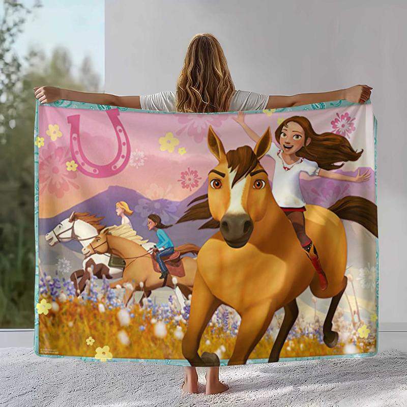 Cartoon Spirit Riding Free Horses Flannel Blanket,Ultra Soft Warm Plush Throw for Home Bedroom Bed Sofa Cover Camping Picnic 75x90cm