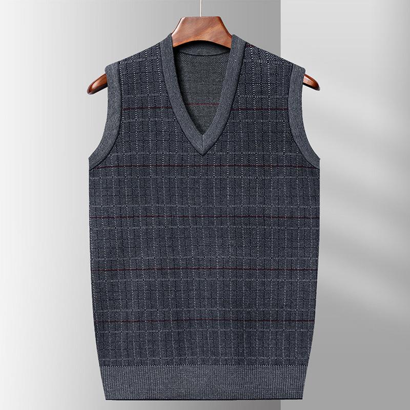 New Men's Vest Autumn and Winter Plaid Pullover Jacquard Old Business Waistcoat Loose Men's Knitted Vest