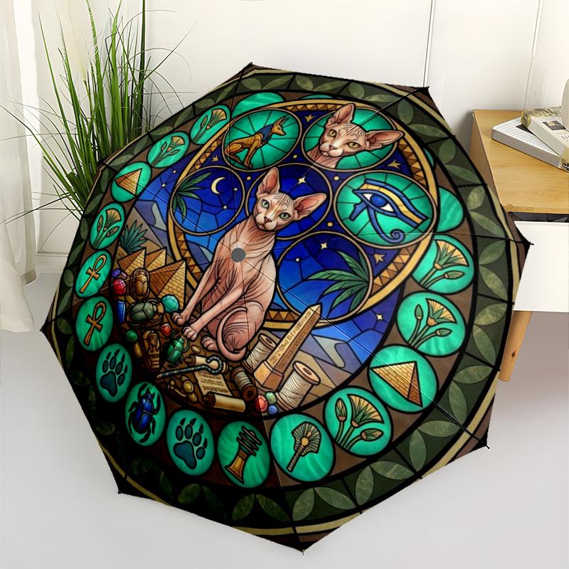 Egyptian Cat Glass pattern umbrella, portable and foldable design, 8 ribs, a casual accessory for Halloween, Christmas, and birthday gifts.