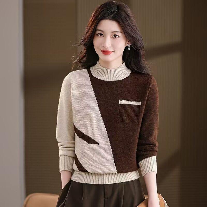Autumn Winter Women's Crew Neck Thick Knit Sweater Loose Color-block Soft and Skin-friendly Knitted Pullover Top