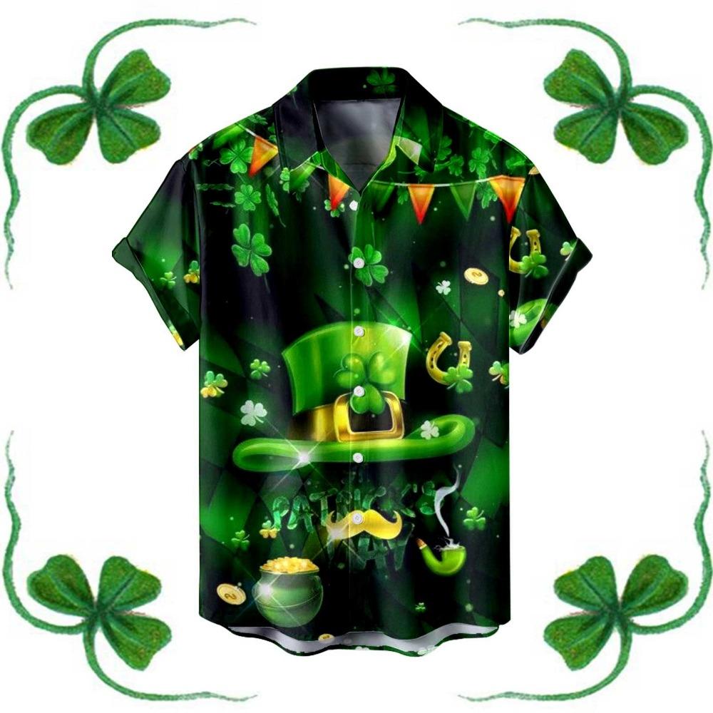 Saint Patrick Mens Shirt Festive Green Shamrock Print Lapel Short Sleeved Shirt Vintage Solid Shirts Cardigan Men's Blouses