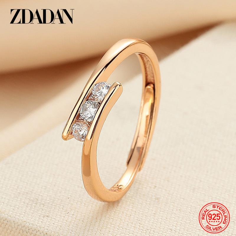 925 Sterling Silver Rose Gold Simple Zircon Adjustable Ring for Women Girls Fashion Jewelry resizable