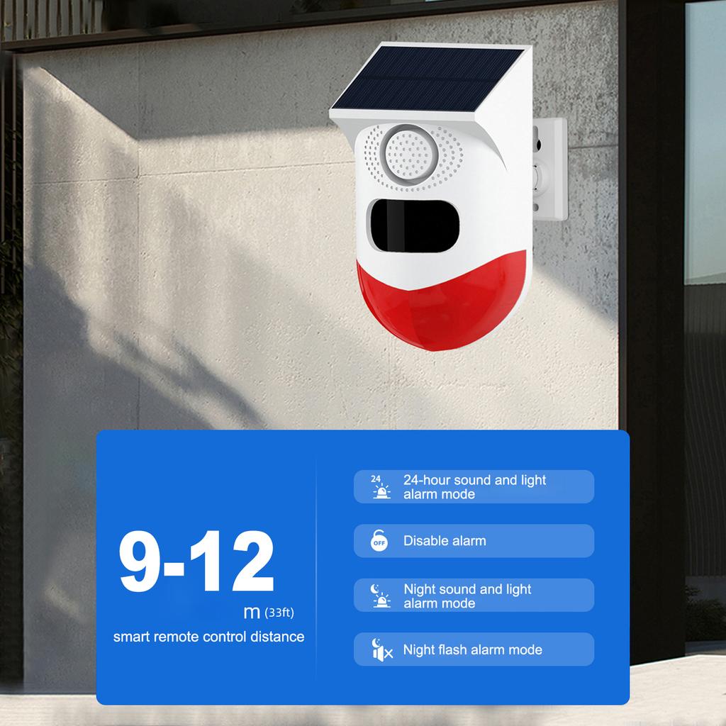Solární alarm s pohybovým senzorem Venkovní alarm 120dB Hlasitá siréna LED stroboskopická světla Zvukový bezpečnostní alarm Detekční vzdálenost IP65 Vodotěsný Pohybový Det