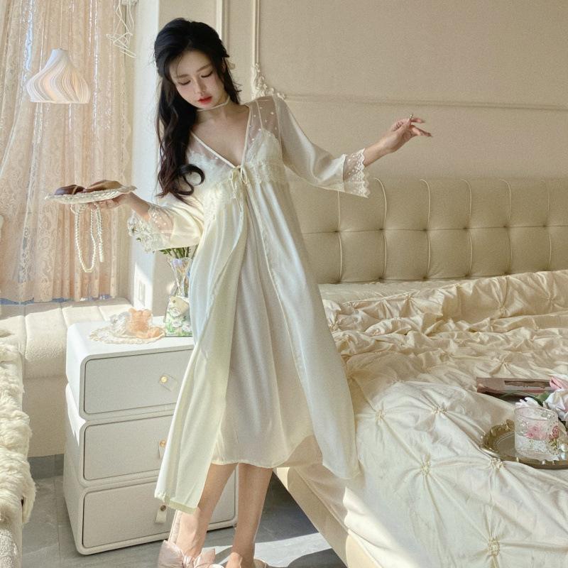 1011 summer new ice silk pajamas women's French nightgown robe two-piece set pure desire style sexy loungewear set