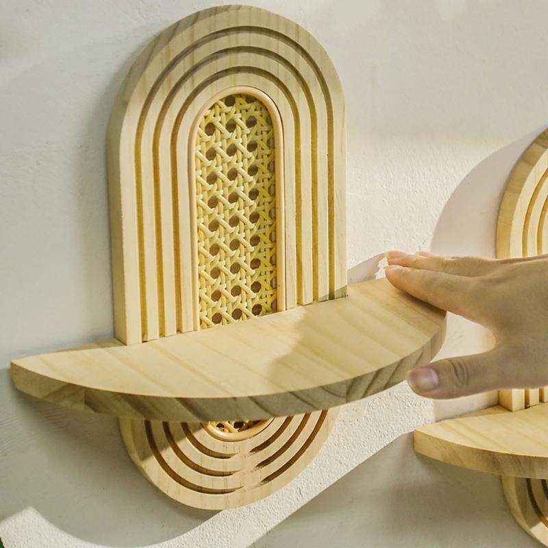 Rattan Wall Shelf Floating Shelves Rustics Wall Mounted Wood Storage Shelves for Living Room Bathroom Kitchen Wall Decors