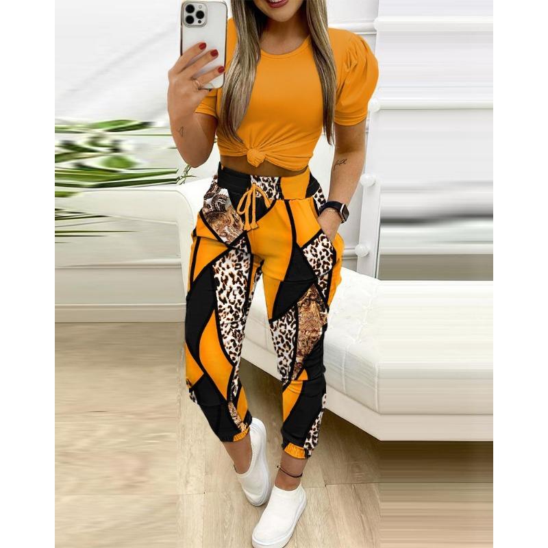 YYFS Damenmode Casual Sommer Frühling Kurzarm O-Ausschnitt Hosen Hosenanzüge