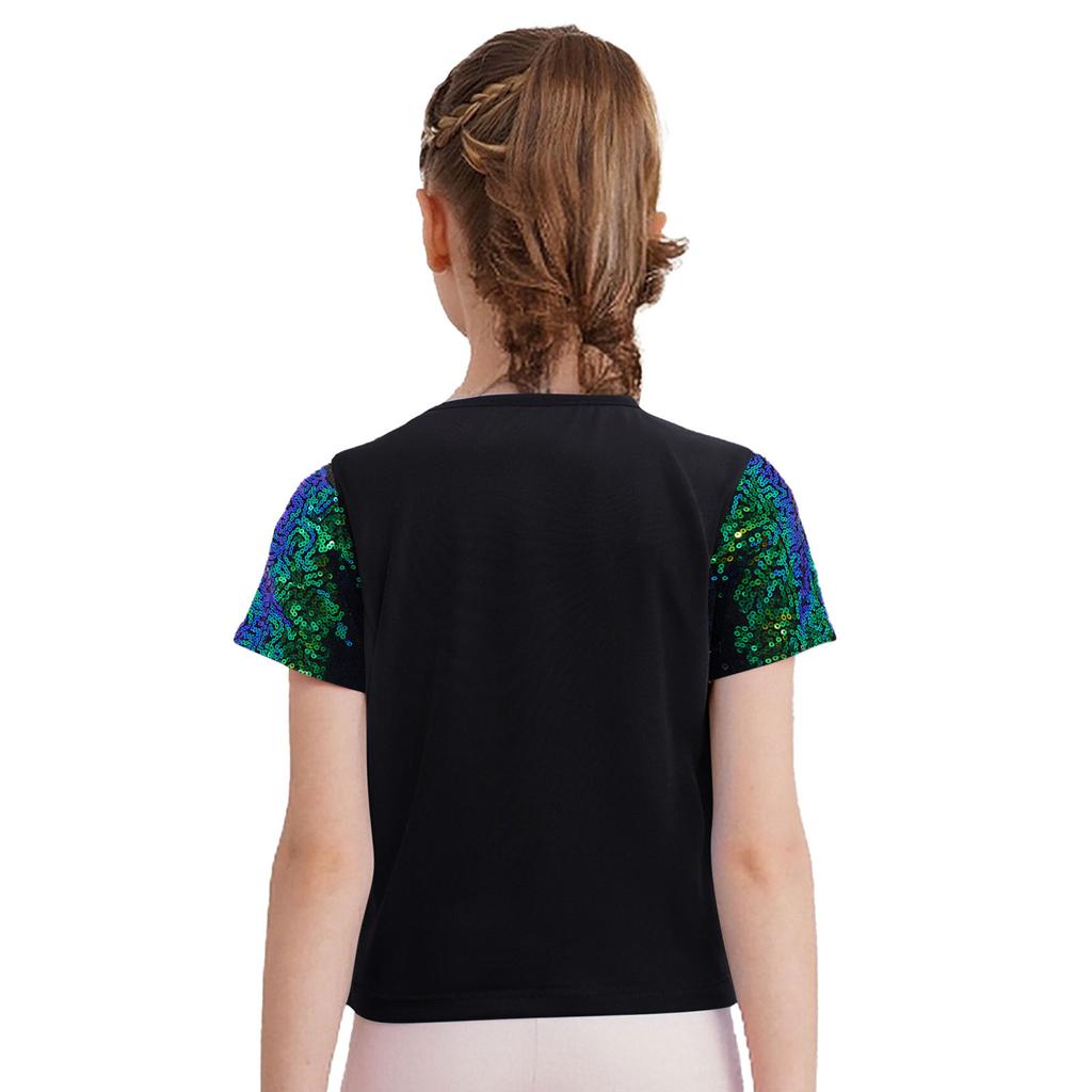 Girls Shiny Sequins Round Neck Short Sleeve T Shirt Cheerleading Dance Performance Stage Party Top