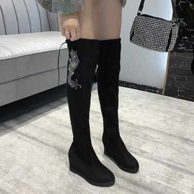 Bottes d'hiver montantes jusqu'aux cuisses pour femmes, au-dessus du genou, amincissantes, avec talon compensé intégré, tissu élastique, grande taille, fourrées, longues