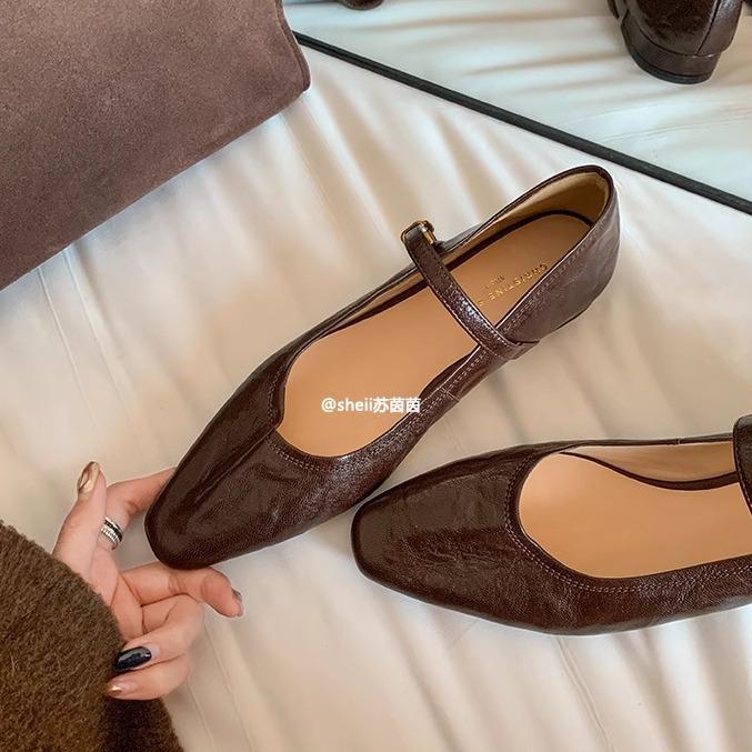 

Manor~ Hand-washed pleated one-word strap flat Mary Jane shoes women s single shoes 40 коричневий