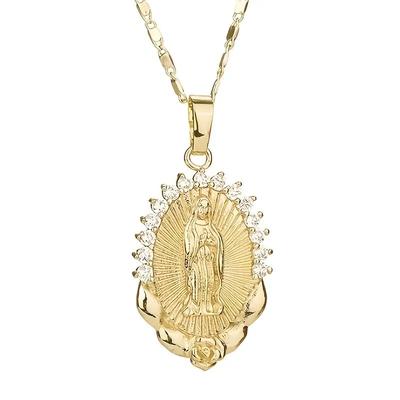 Women Gold Tone Virgin Mary Religious Zircon Oval Pendant Fashion Chain Necklace