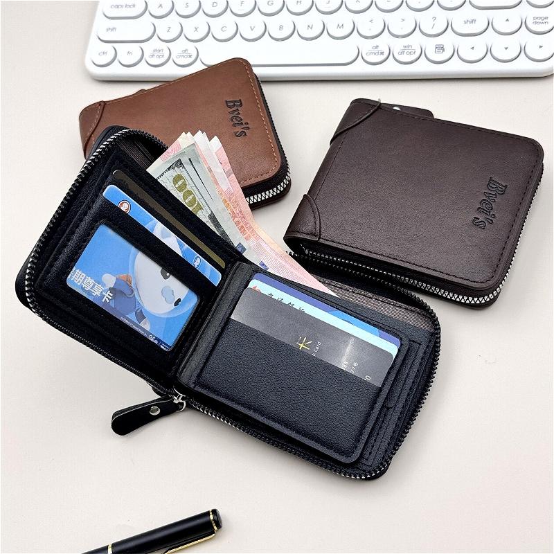 Men Vintage PU Leather Wallet Zipper Trifold Wallet Short Wallet Multi Card Holder Coin Pocket ID Window Casual Business Purse