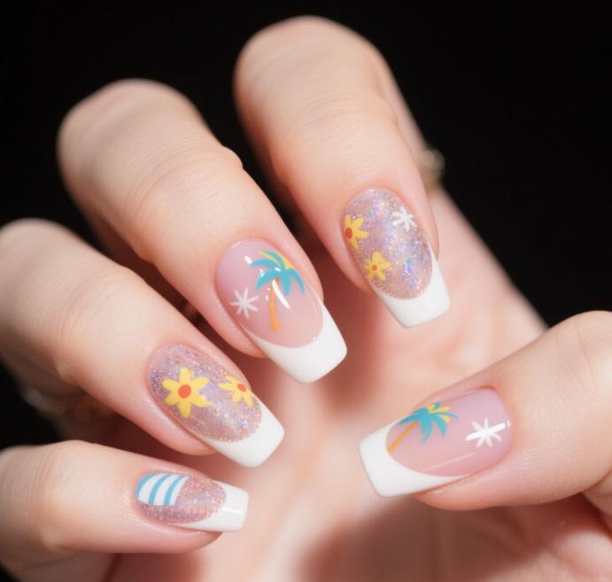 Spring & Summer Classic French Floral Medium-Length Wearable Nails