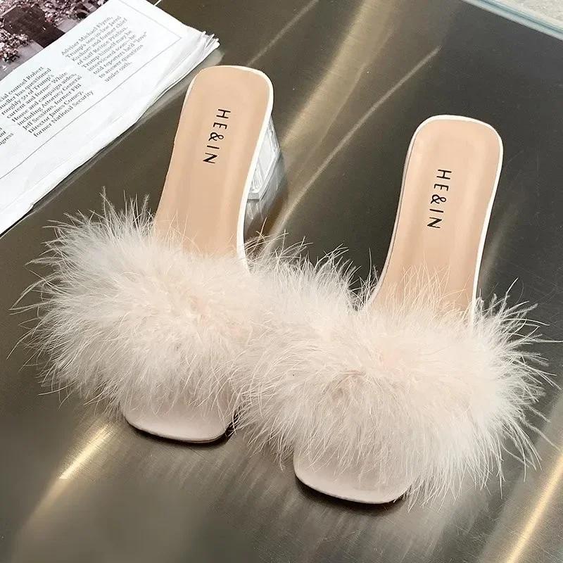 Mode 2024 Neu Sommer Flauschige Peep Toe Sexy High Heels Damen Pelz Dame Mode Hochzeit Rosa Hausschuhe