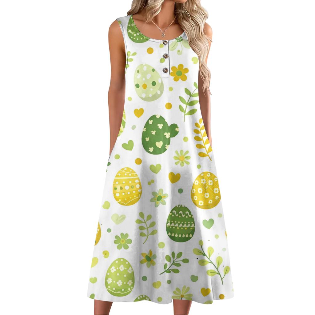 Women Fashion Casual Sleeveless Button Easter Print Dress With Pocket