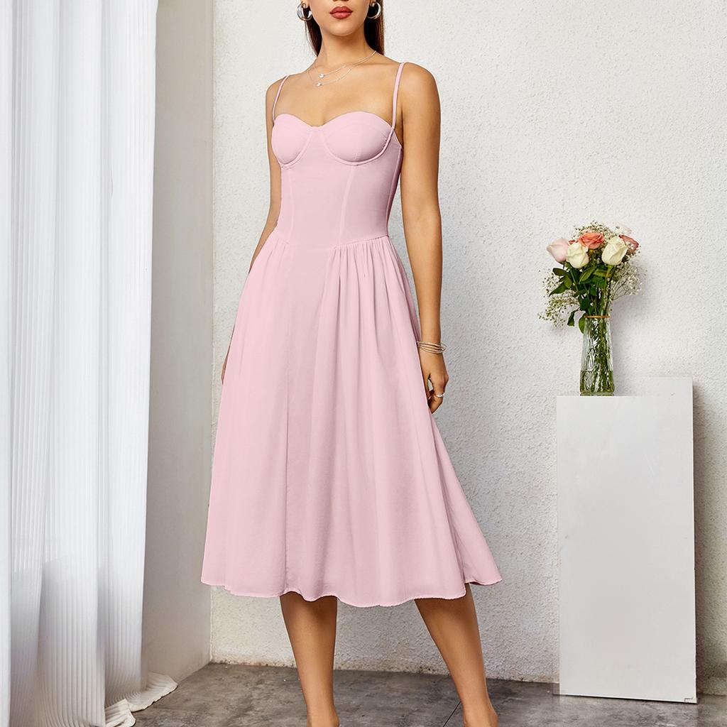 Four-sided elastic dress, European and American sexy backless pleated A word medium and long suspender dress
