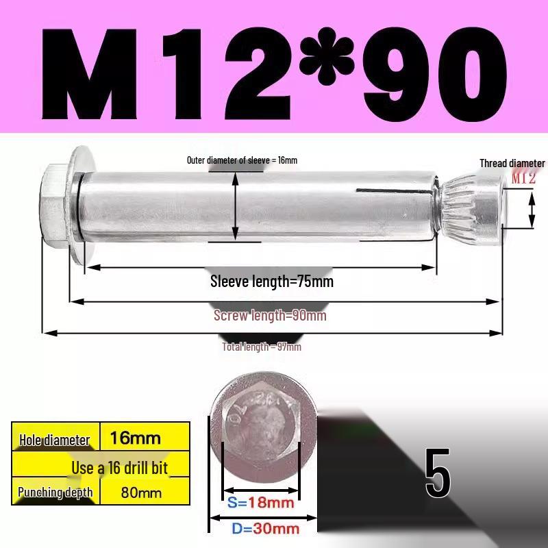 Stainless Steel Expansion Screw: Hexagonal Head with Internal Expansion (304/201), Sizes M6, M8, M10, M12.