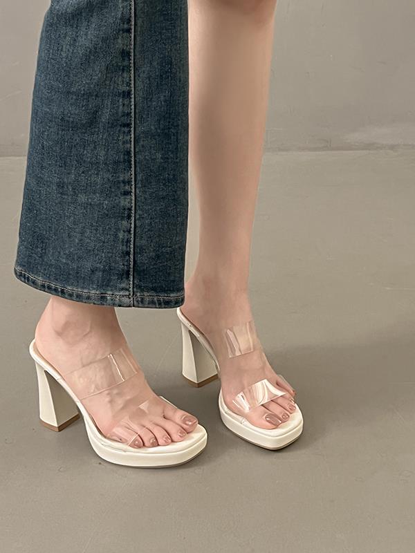 Fashion Female Shoes Slippers Heels Luxury Slides Square Heel 2025 High Designer Summer Transparent Soft Block Scandals Pumps Slippers C