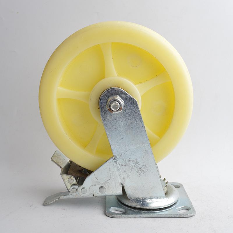 8-Inch Heavy Duty Swivel Casters with Brake, Flat Plate, White Industrial Nylon Wheels