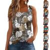 Women's Summer Casual Pleated Square Neck Sleeveless Tank Top Printed T-Shirt