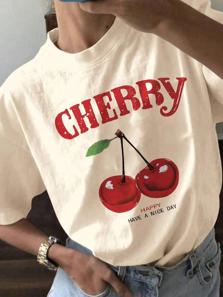 Cherry Cartoon Printed Graphic Women Cotton T-shirt Y2k Summer Fashion Brand Round Neck Short Sleeve Tops Vintage Casual Tee 3XL