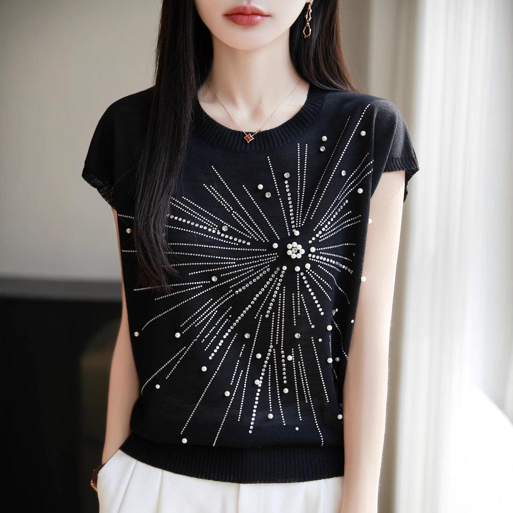 

Women s Summer Bamboo Linen Beaded Crew Neck T-Shirt M серый