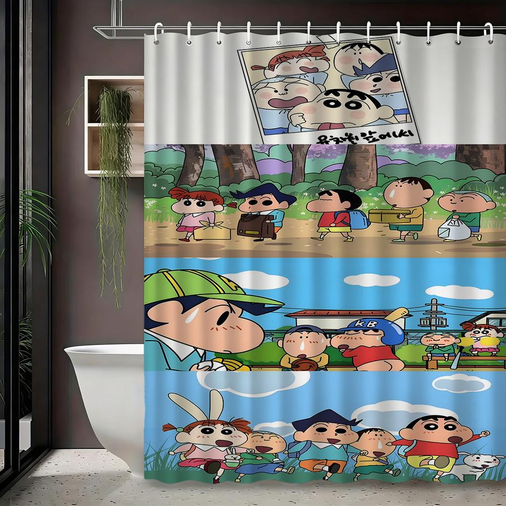 Crayon Shin-Chan & Himawari Superhero Press Conference Scene 2D Print Waterproof Shower Curtain, Blue Cityscape Bathroom Decor W