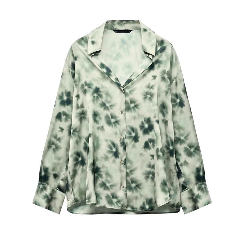Spring New Women's Clothing Print Silk Satin Texture Long Sleeves Lapel Casual Shirt 2074114 2075114