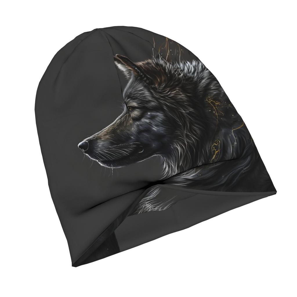 Night Moon Wolf Realistic Wolf Head Design Skull Cap Beanie Hat - Black Unisex Hip Hop Fashionable Winter Hat For Men & Women, C