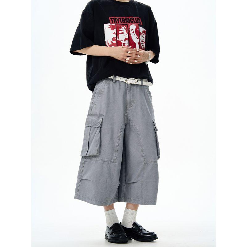 Kisko American Retro Washed Vintage Multi-Pocket Wide-Leg Cargo Pants for Men and Women, Summer Loose Straight-Leg Cropped Pants