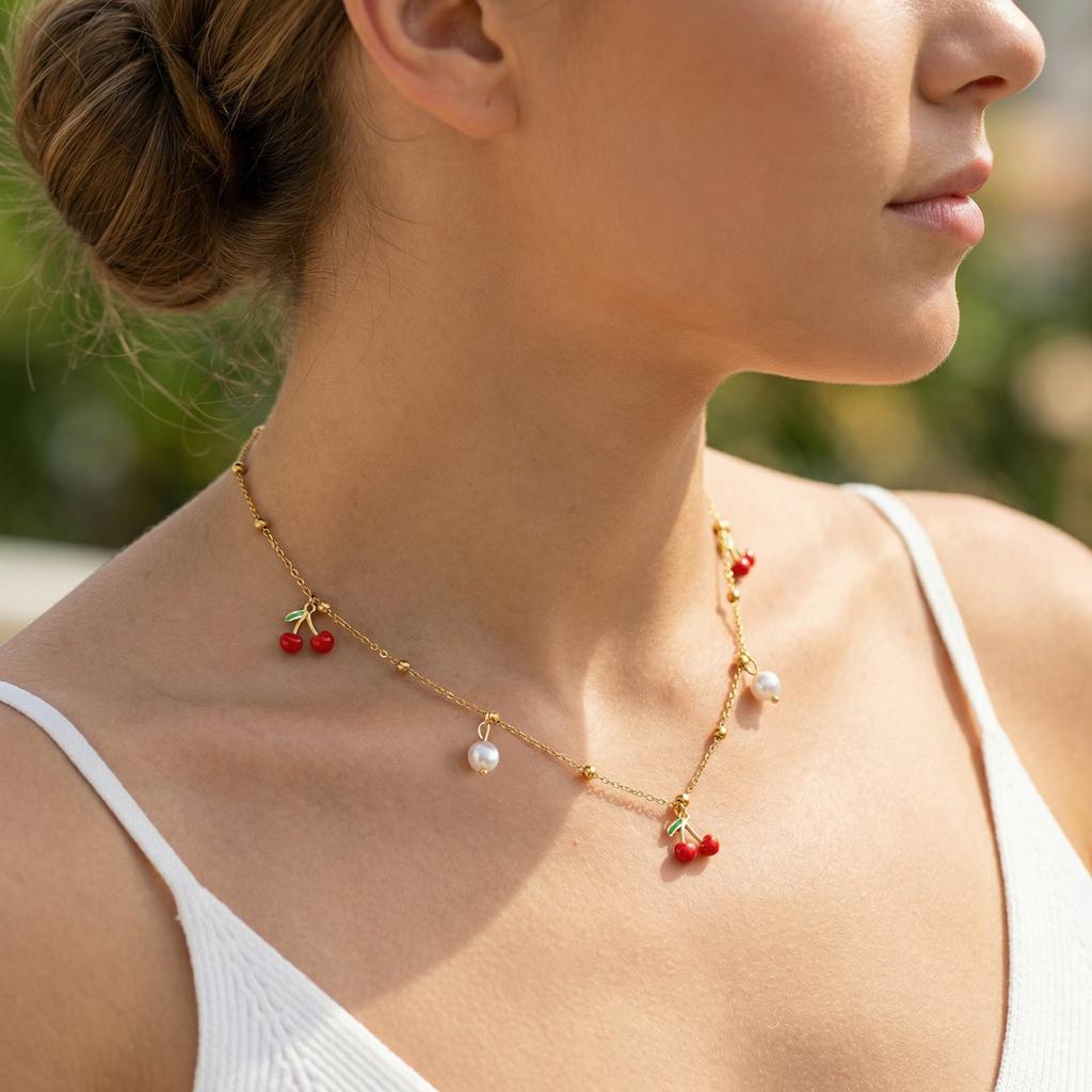 Cherry Necklace Red Zircon Fruit Charm for Women Cuban Chain Stainless Steel 18K Gold Plated Waterproof Summer Beach Y2K Jewelry