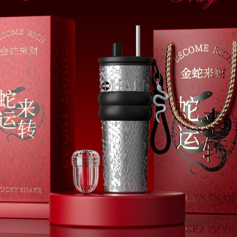 Large-capacity stainless steel thermos cup Women's high-value ceramic liner straw cup Car portable Bingba water cup