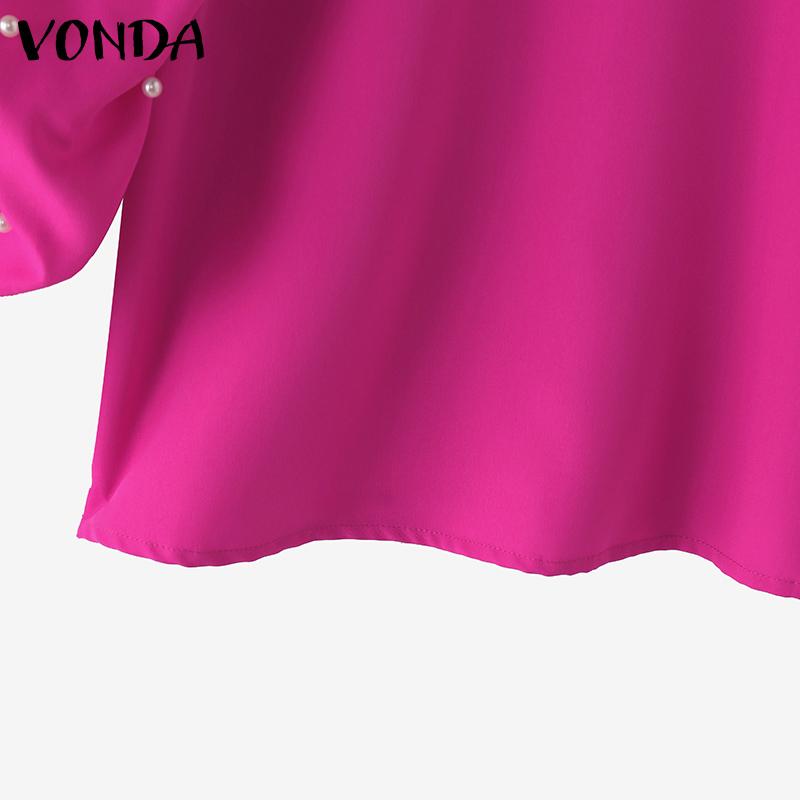 VONDA Women Fashion Stand Collar Long Sleeve Solid Color Blouses